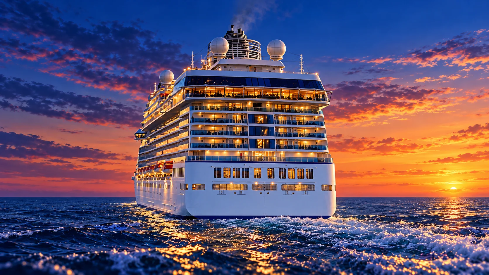 Generated illustration of Oceania Vista seen from behind at water level, with warm lights reflected in a blue-hour sea; an imagined scene, not a photograph from our trip