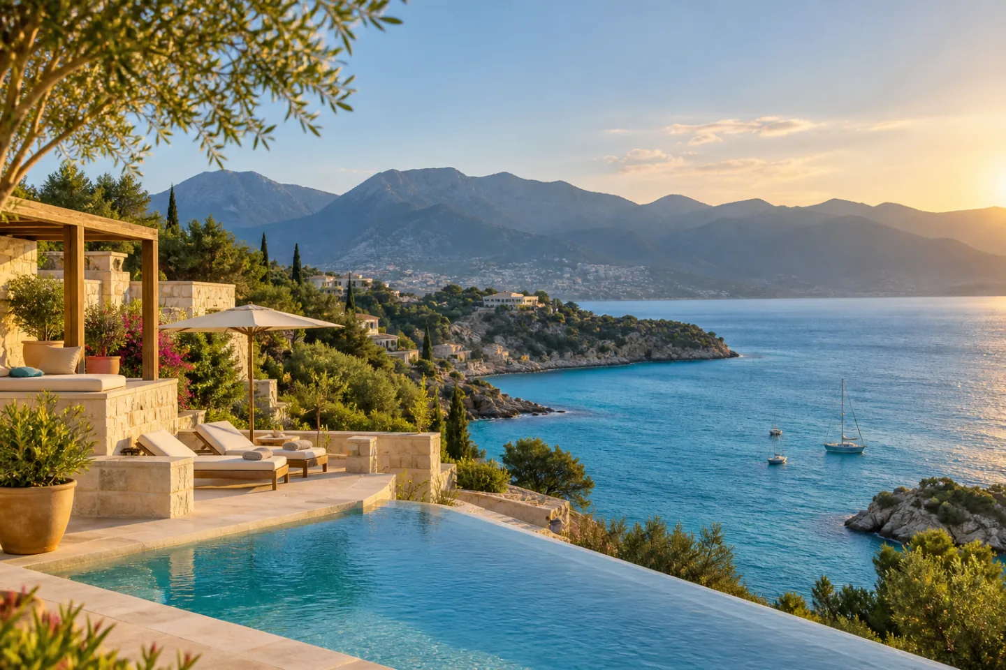 Antalya coastline and a turquoise Mediterranean bay in warm evening light.