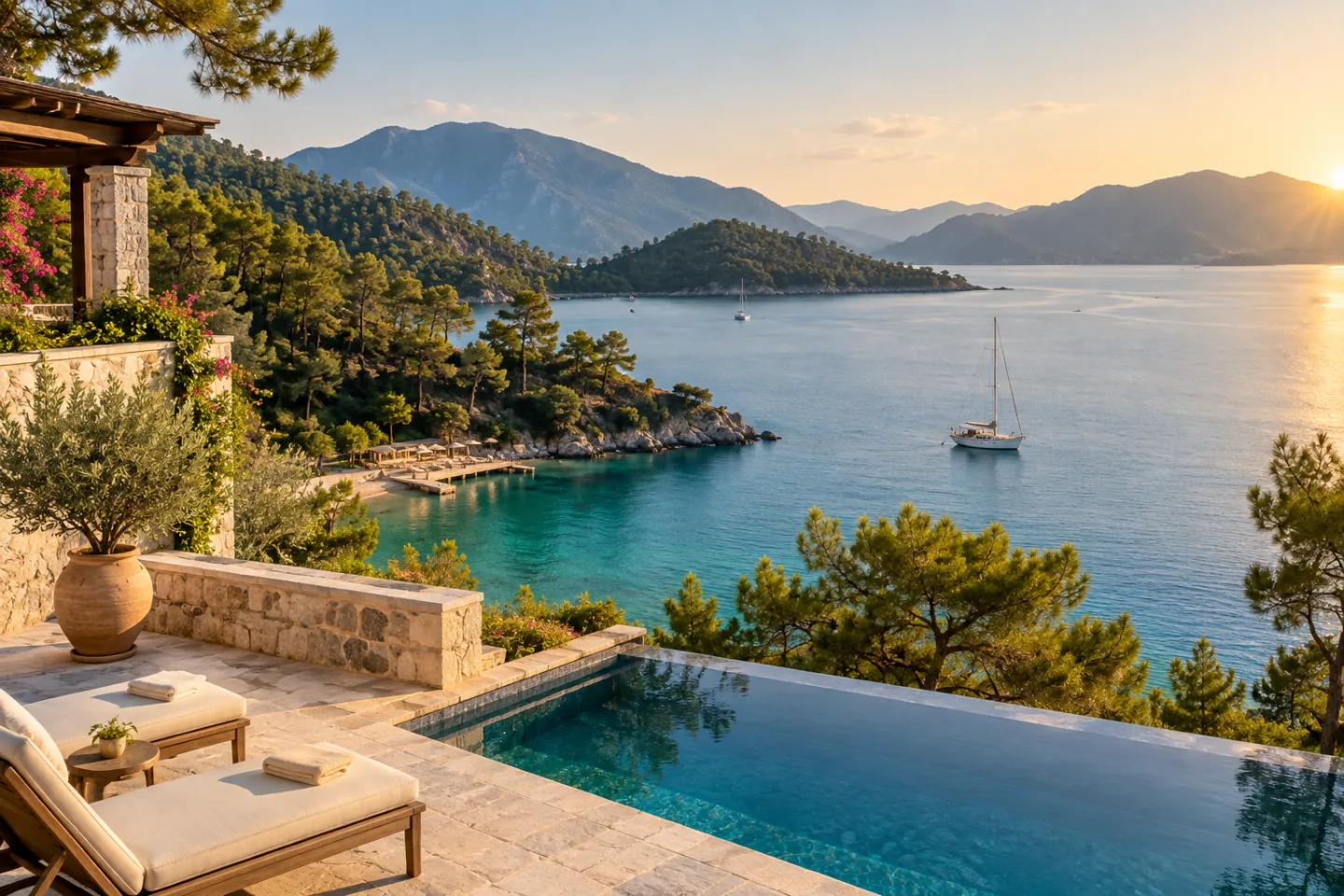 Fethiye bay, pine-covered hills and warm stone terraces at sunset.