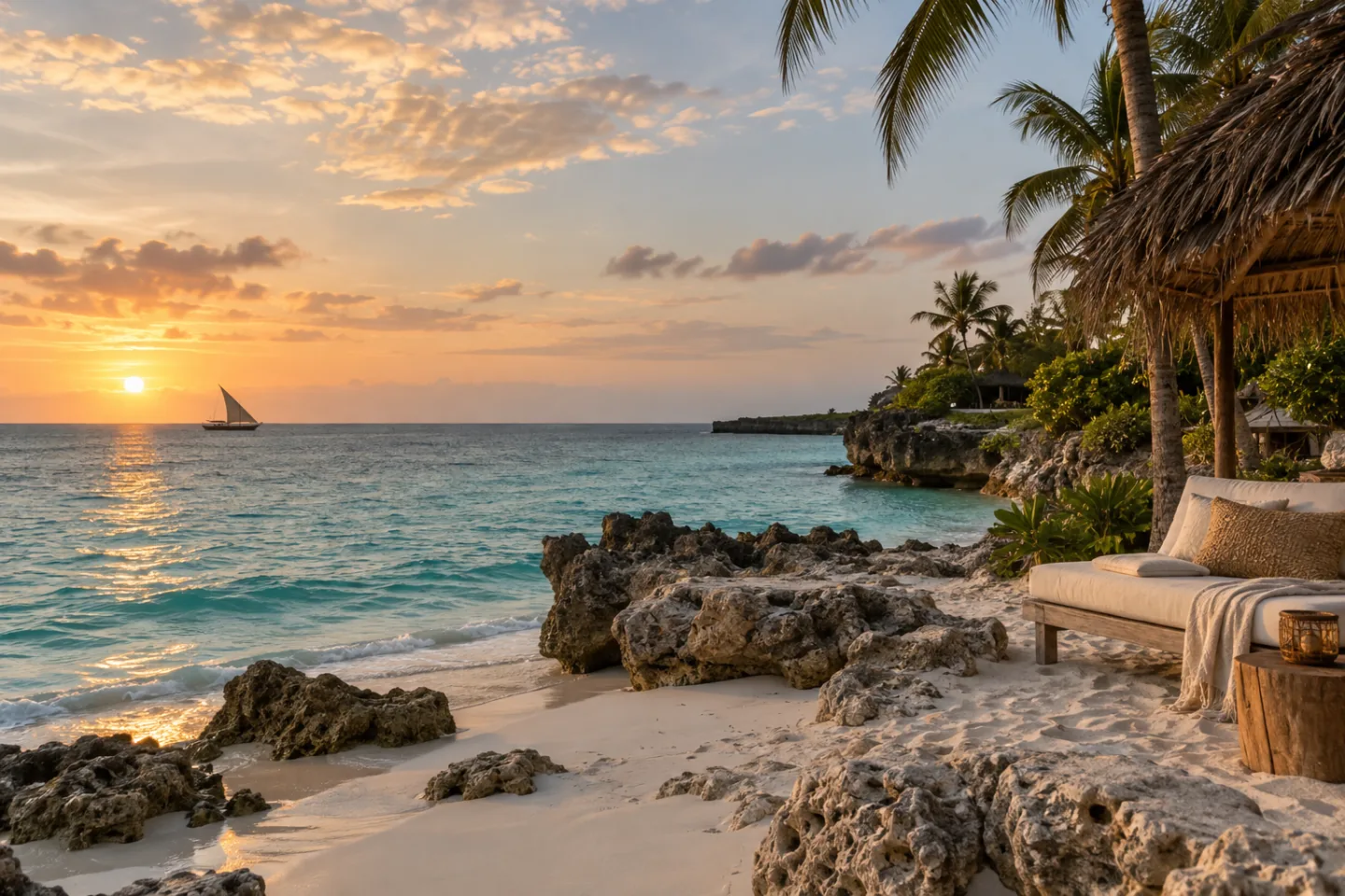 A quiet Zanzibar beach with turquoise water and tropical palms at sunset.