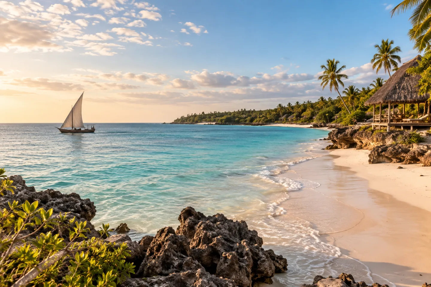 Zanzibar shoreline with clear water, palms and a traditional dhow.