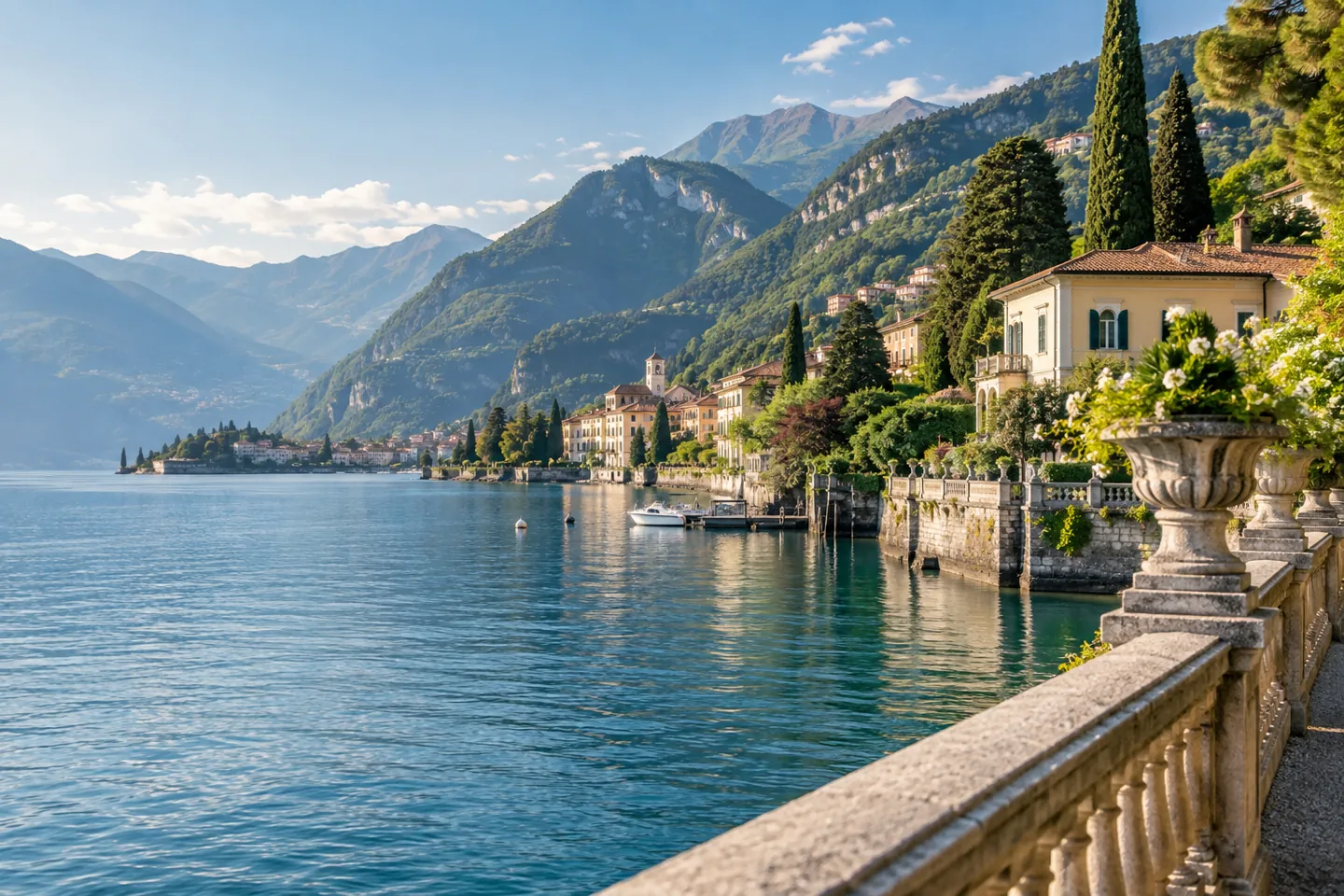 Lake Como waterfront with historic villas and mountain scenery.