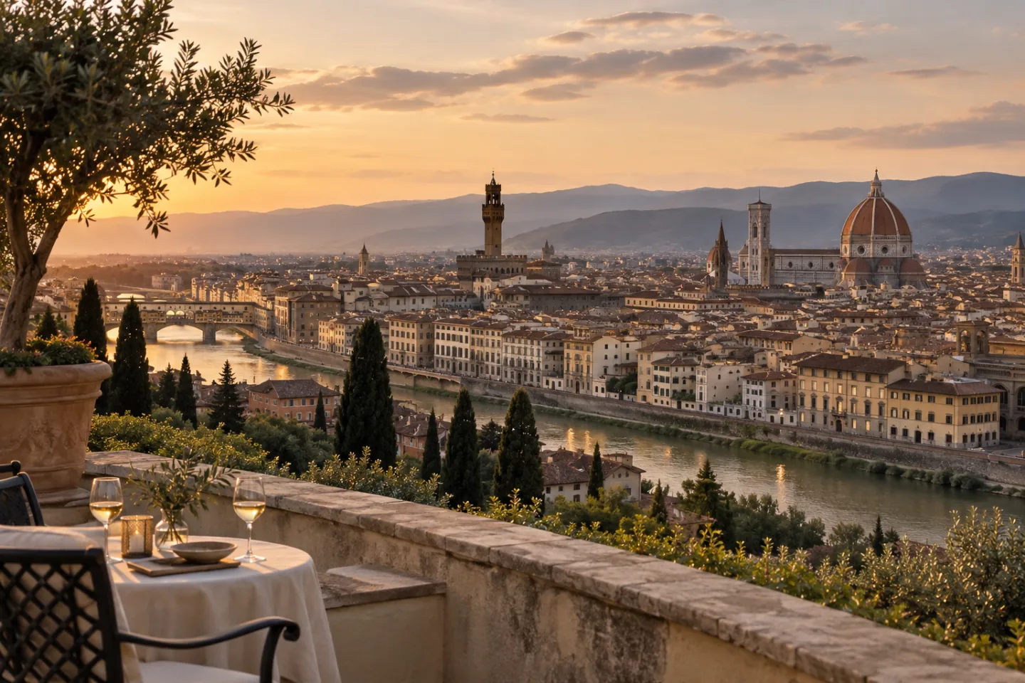 Florence rooftops, the Arno and Tuscan hills in golden light.