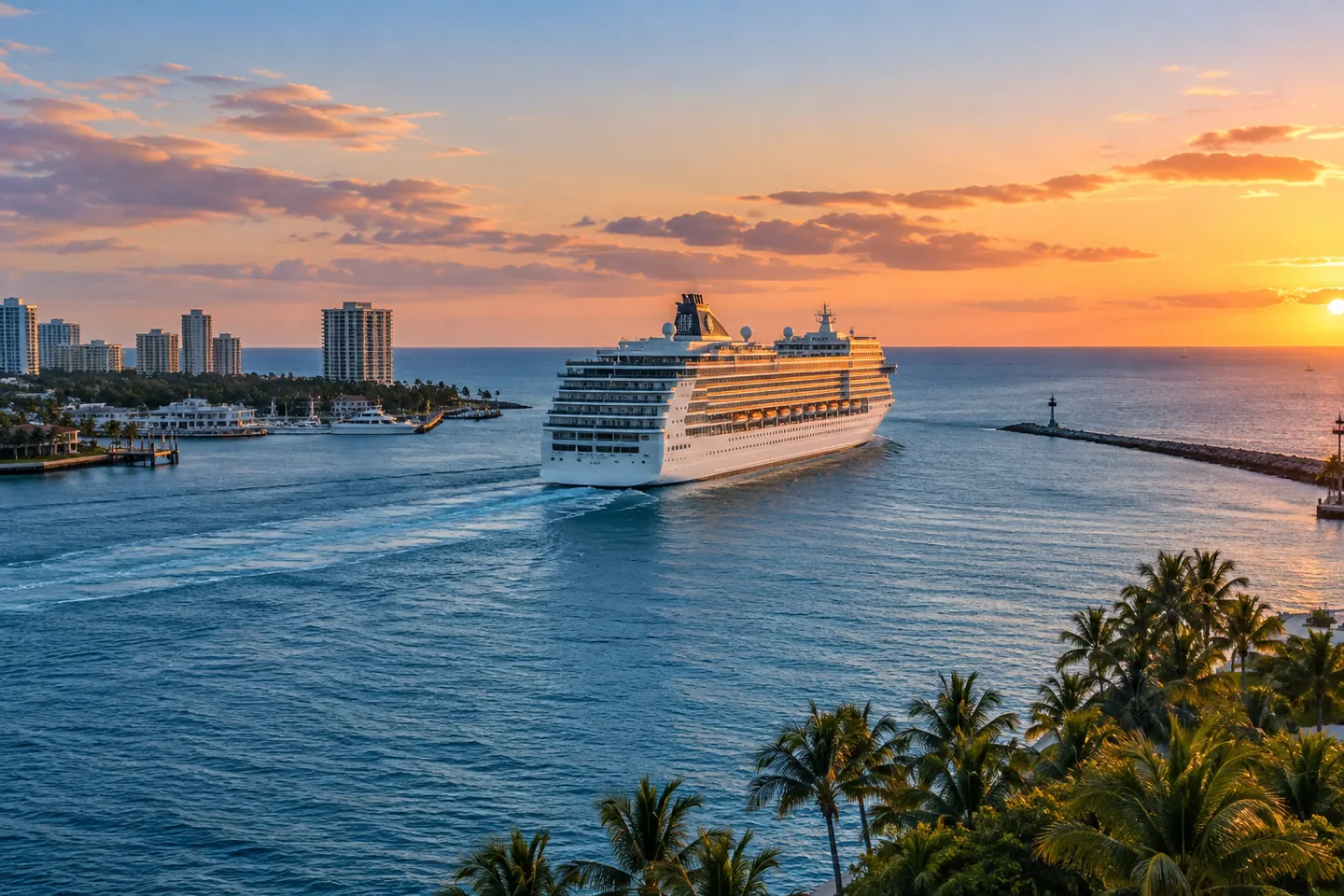 A cruise ship leaving Fort Lauderdale for open water at sunset.