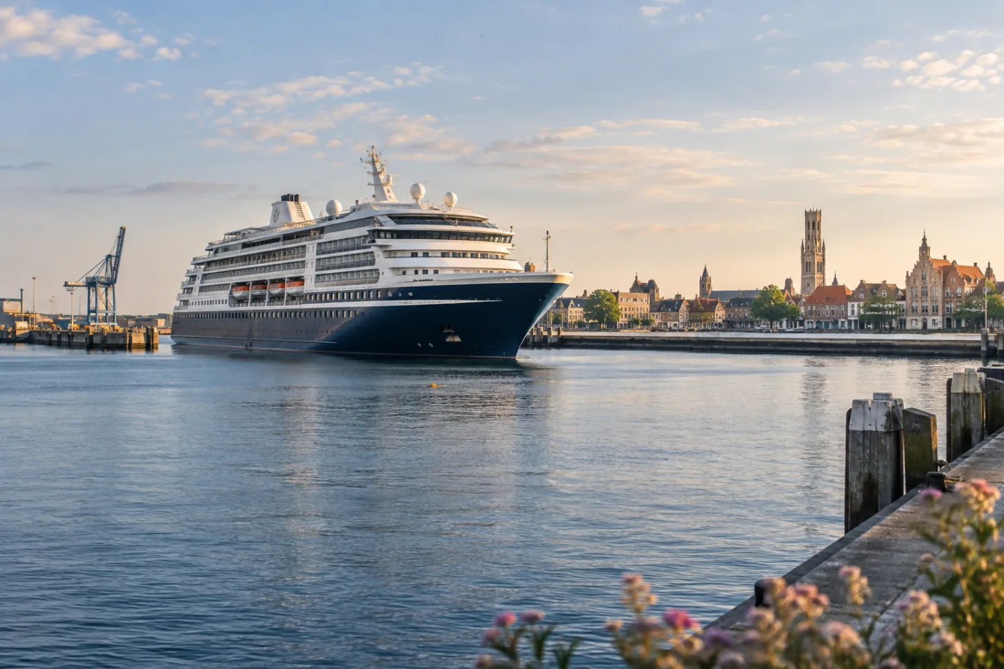 A cruise ship arriving near Bruges in soft morning light.