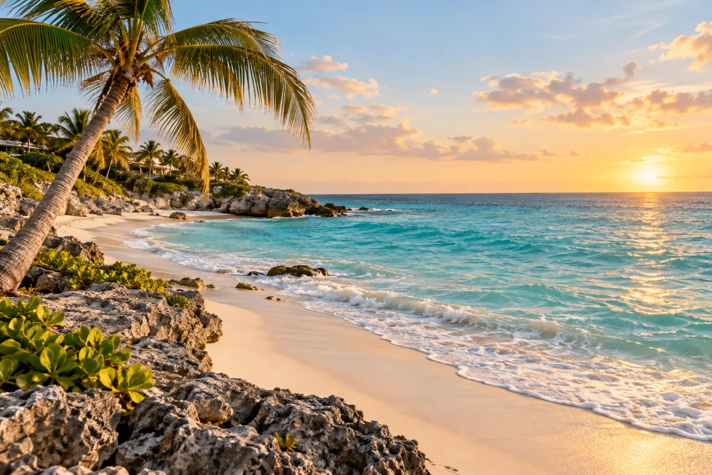 A quiet Playa del Carmen shoreline with palms and clear Caribbean water.