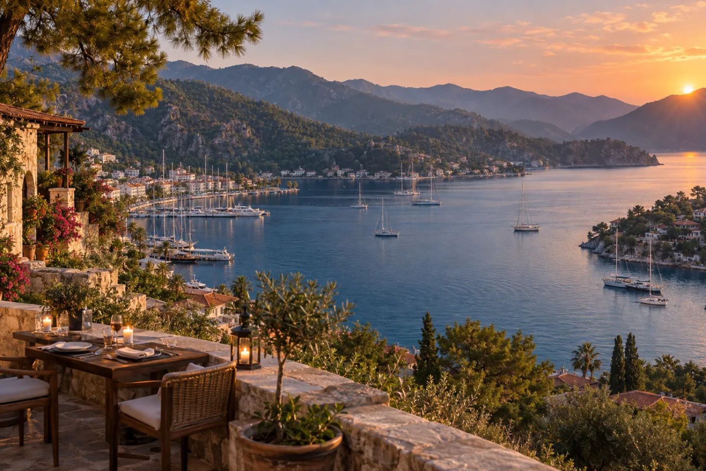 Marmaris bay and pine-covered hills in warm evening light.