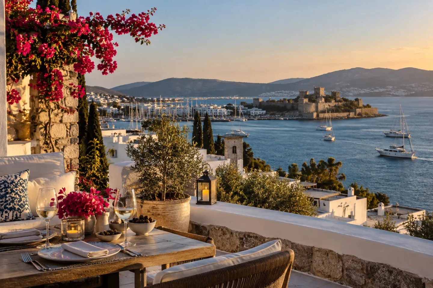Bodrum waterfront, whitewashed buildings and bougainvillea at sunset.