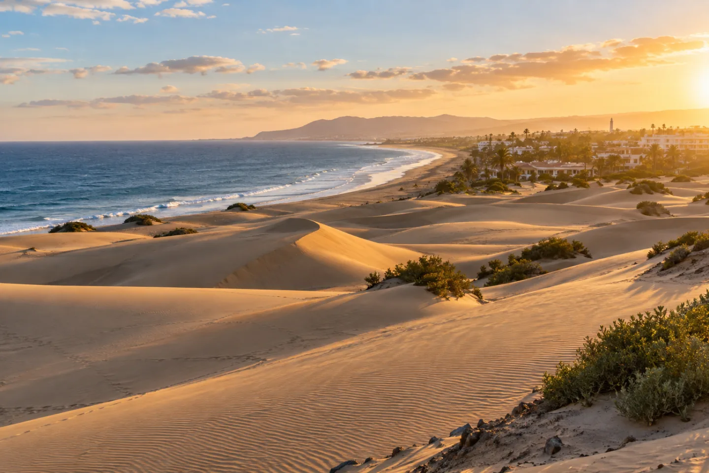 Maspalomas dunes and the Atlantic coastline in late-afternoon light.
