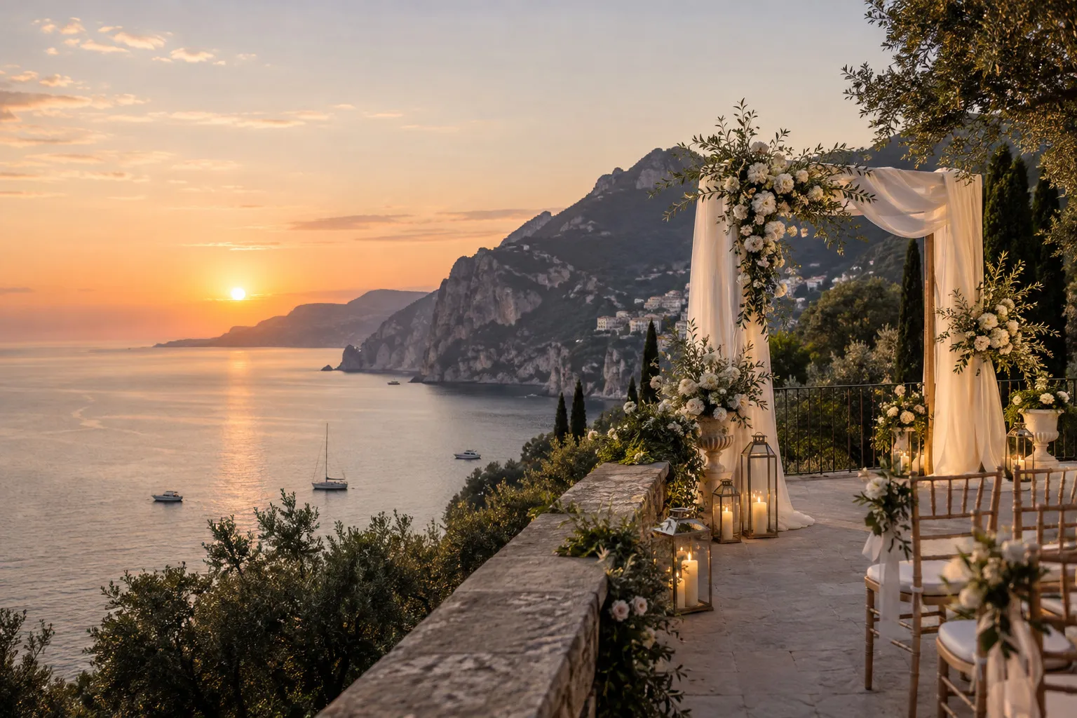 An ivory wedding arch above a Mediterranean bay at sunset.