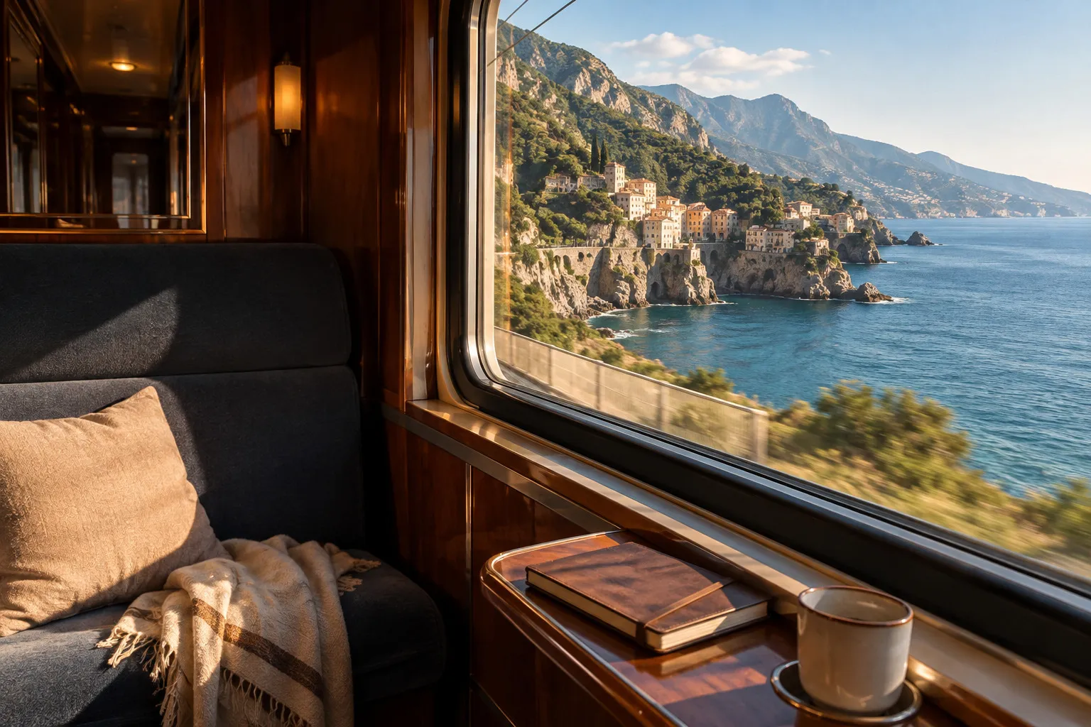 A notebook and cup by a train window overlooking the Mediterranean coast.