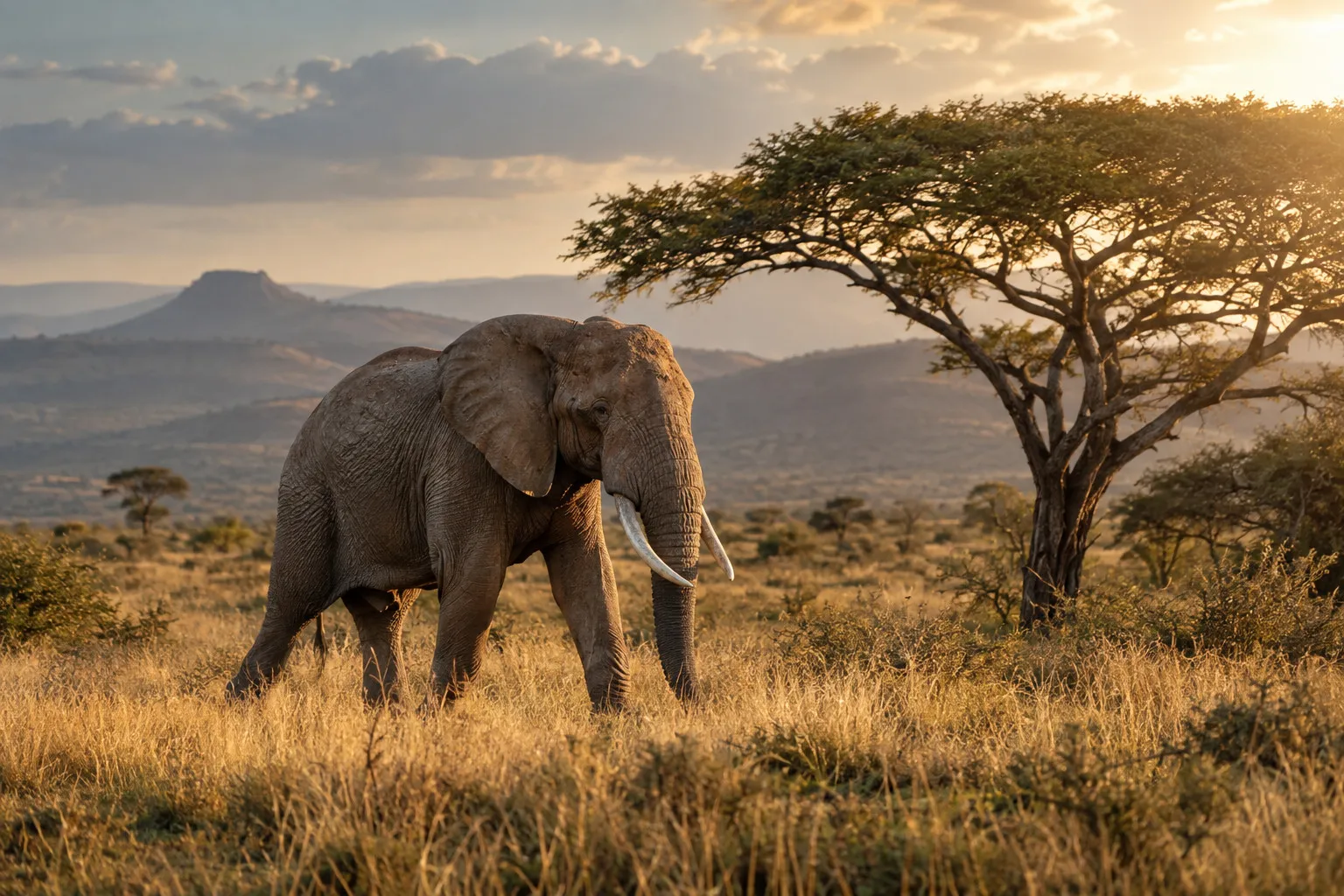An elephant beneath an acacia tree in golden savannah.