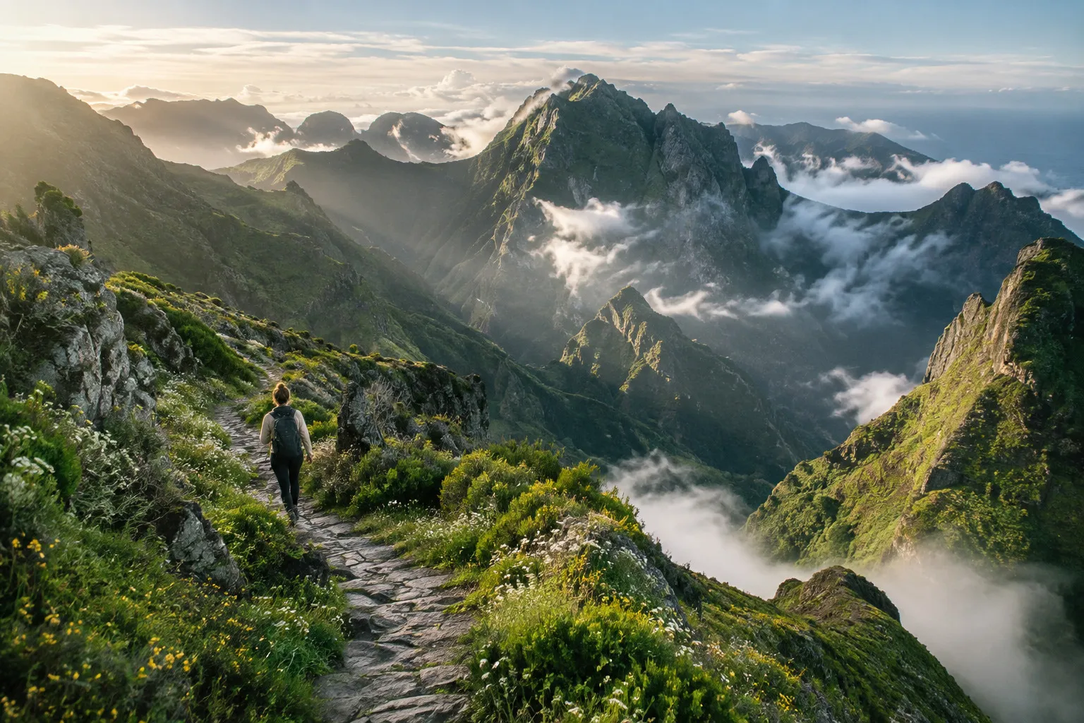 A backpacker overlooking sunlit green mountain ridges.