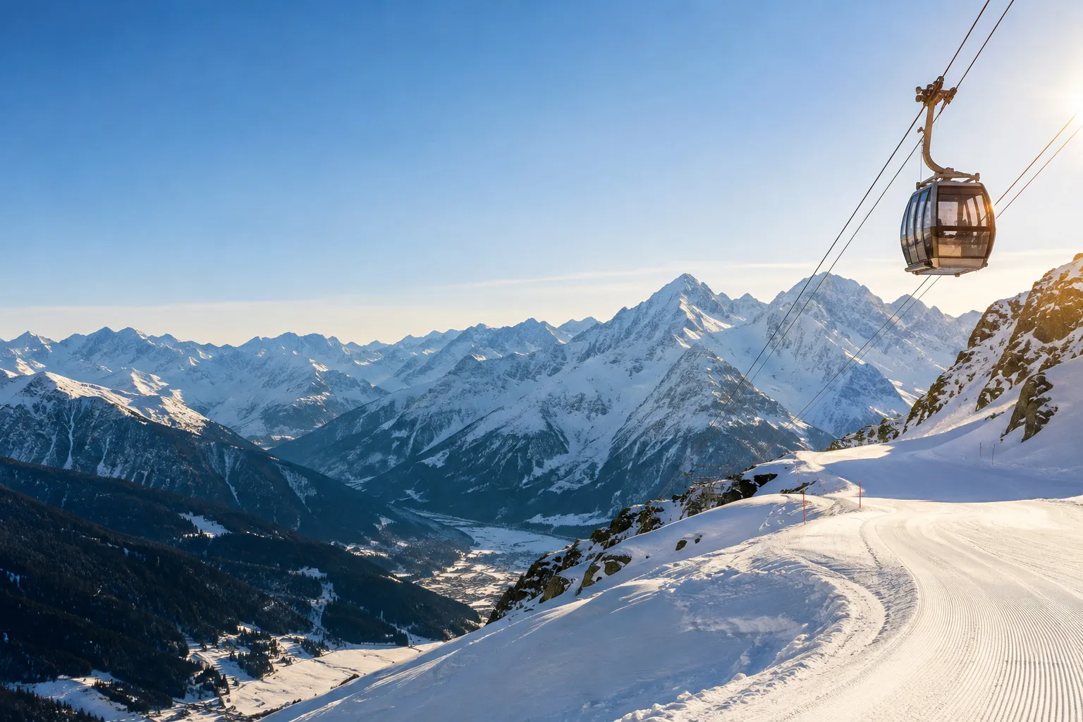 A cable car and a curving piste in a snowy Alpine landscape.