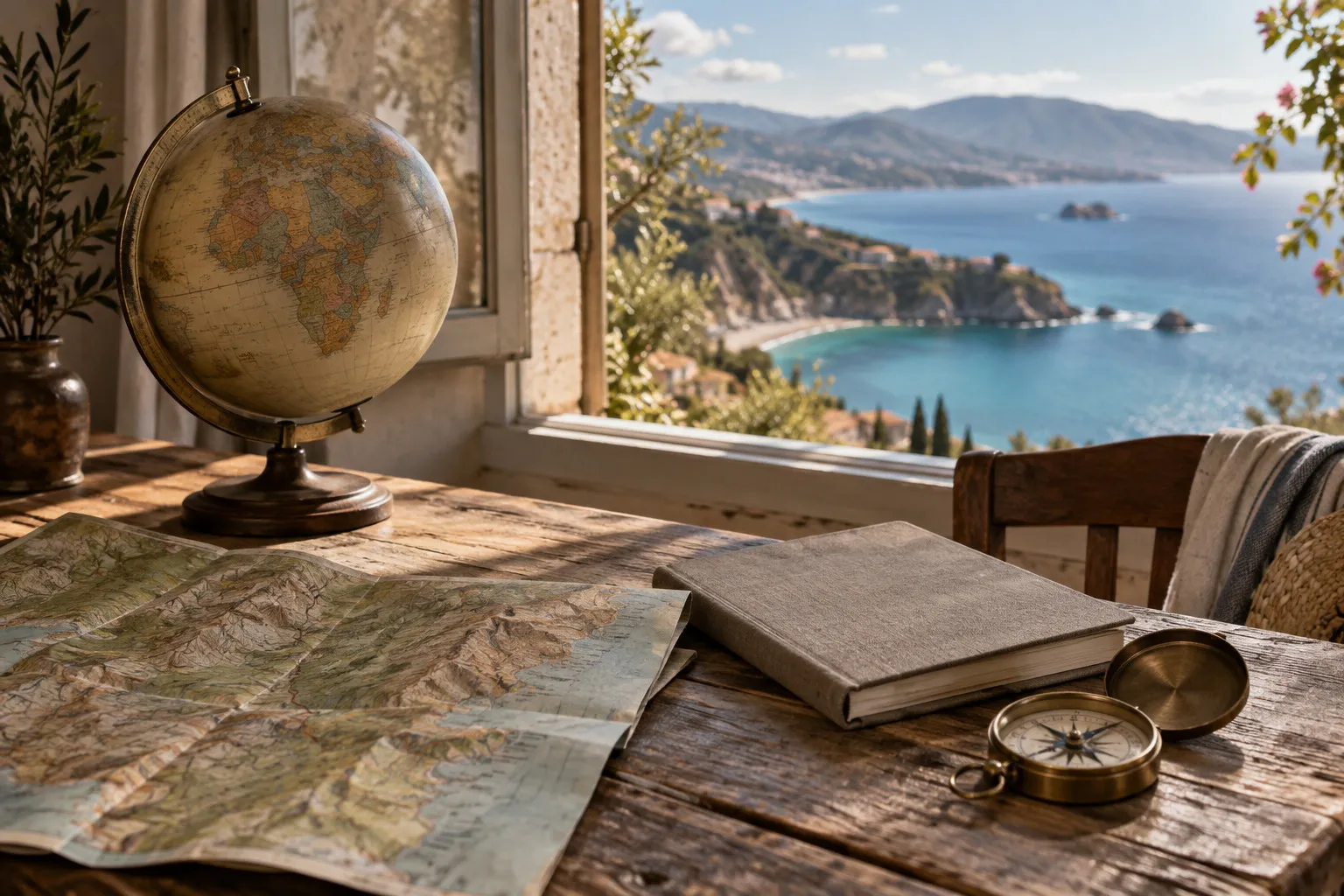 A globe, map, notebook and compass beside a window overlooking the coast.