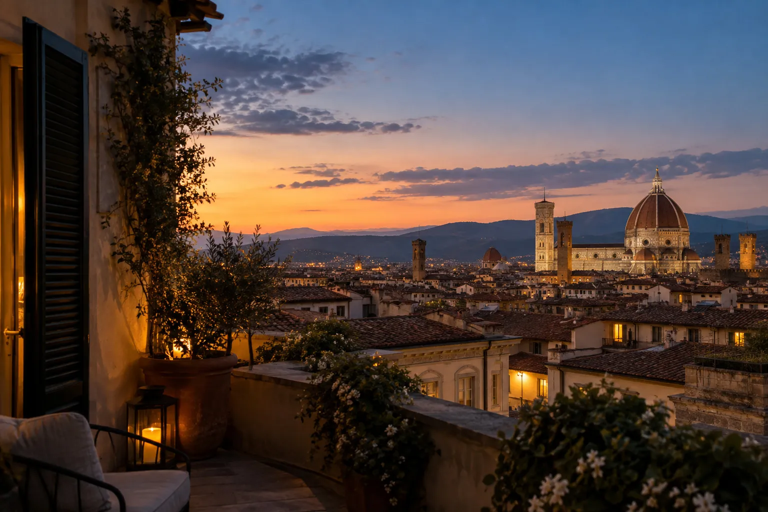 Florence’s cathedral seen from a terrace at dusk.