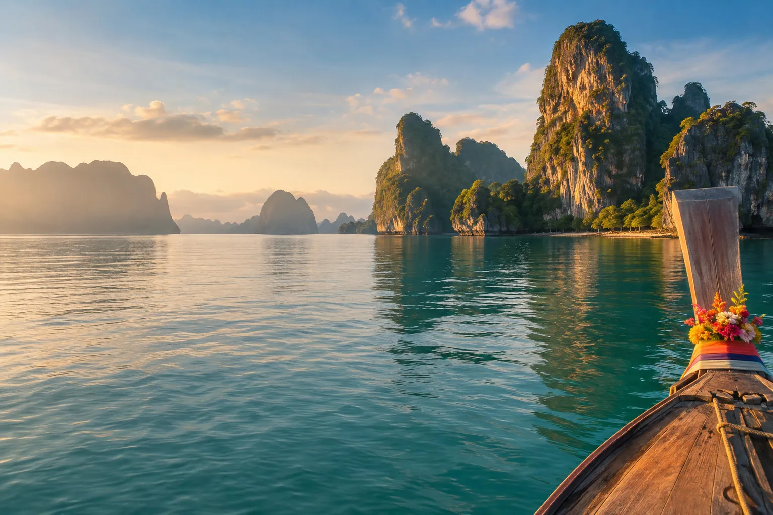 The flower-adorned bow of a longtail boat facing islands at sunrise.