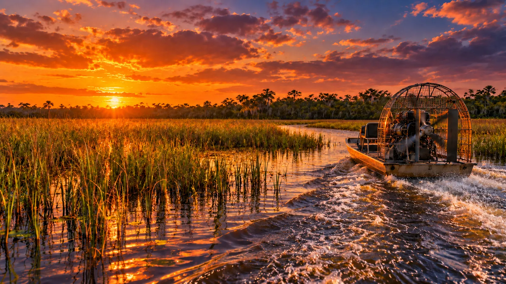An empty airboat on the Everglades water beneath a dramatic sunset.