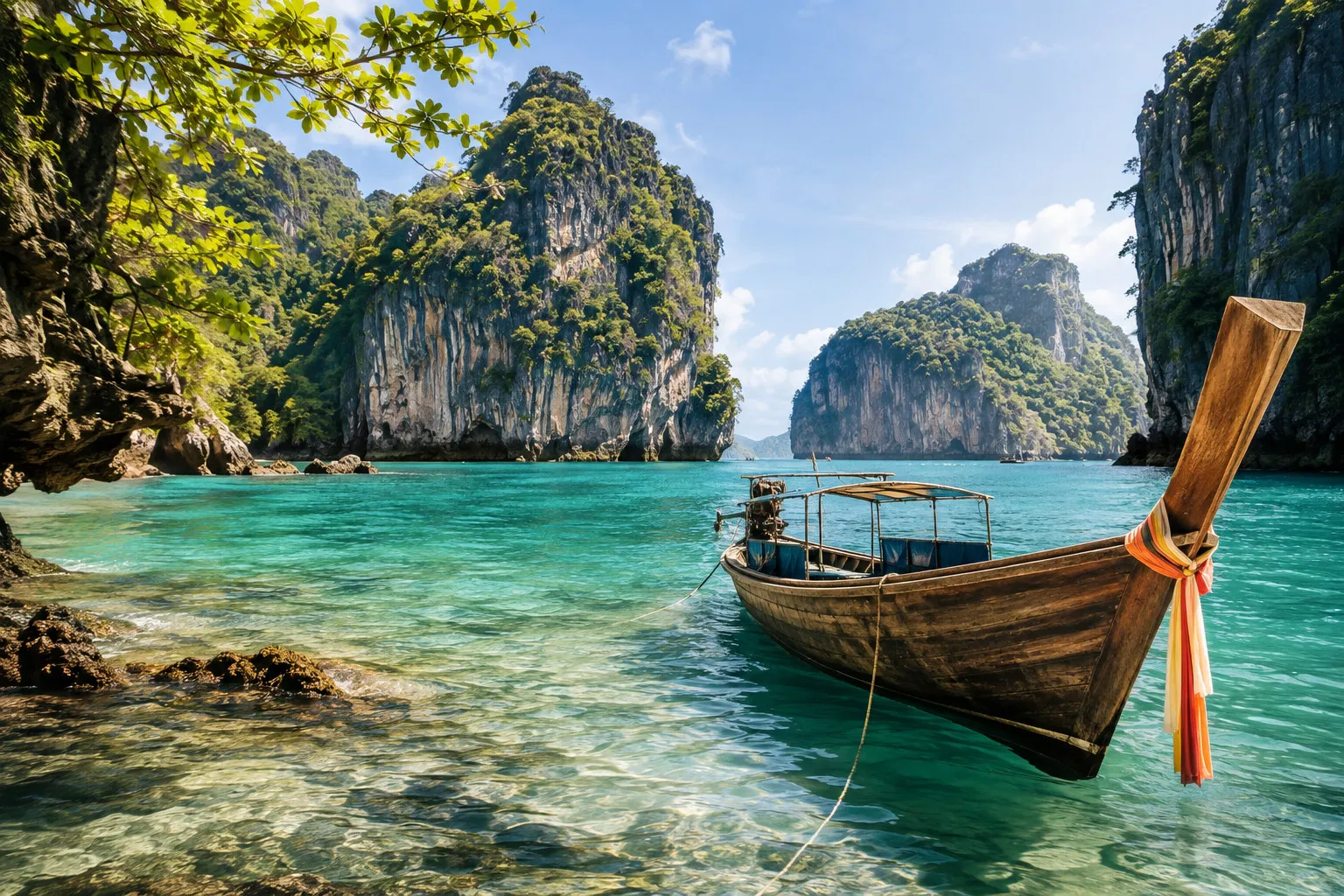 A longtail boat on turquoise water beneath limestone cliffs.