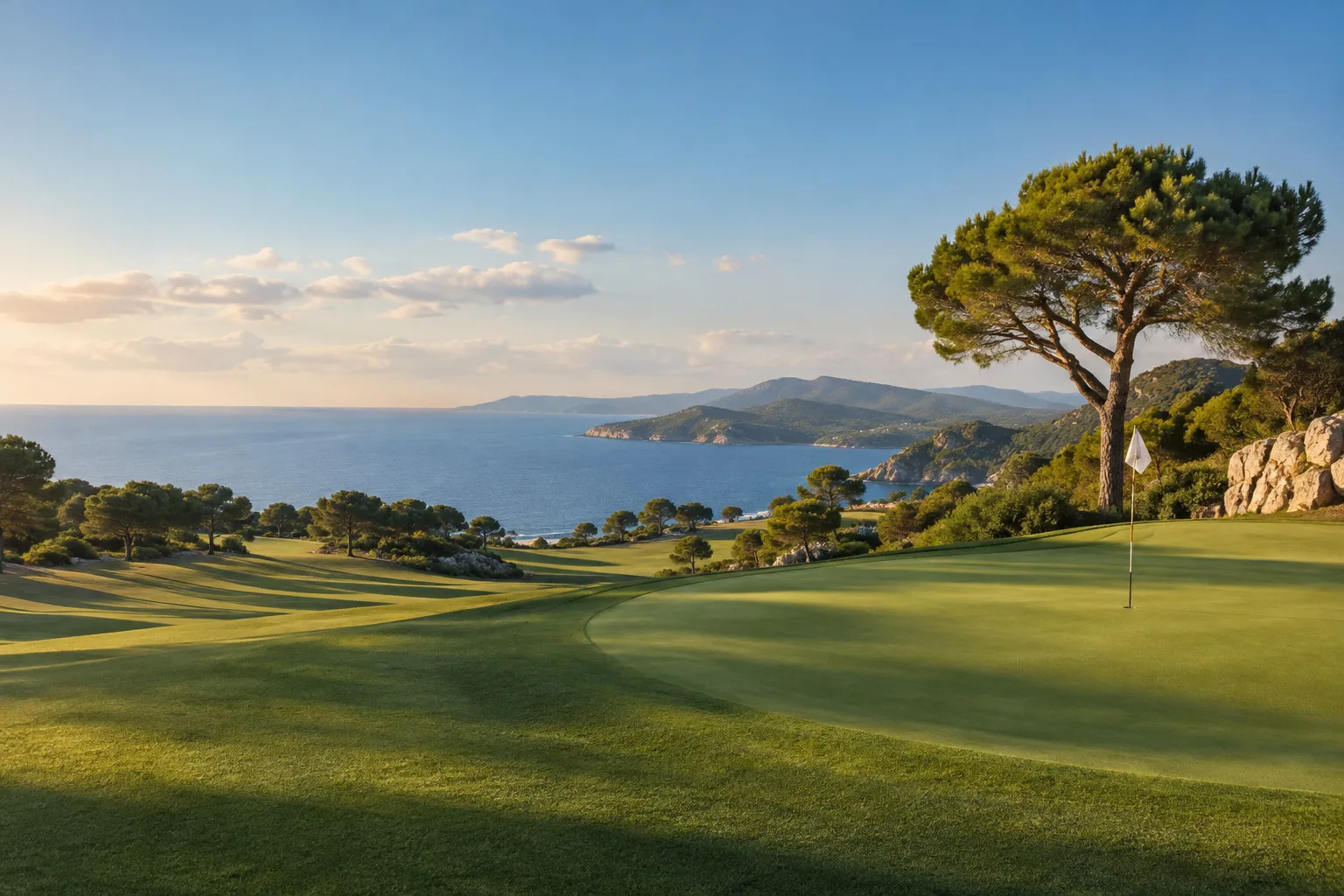 A golf green and flag beside a pine tree overlooking the sea.