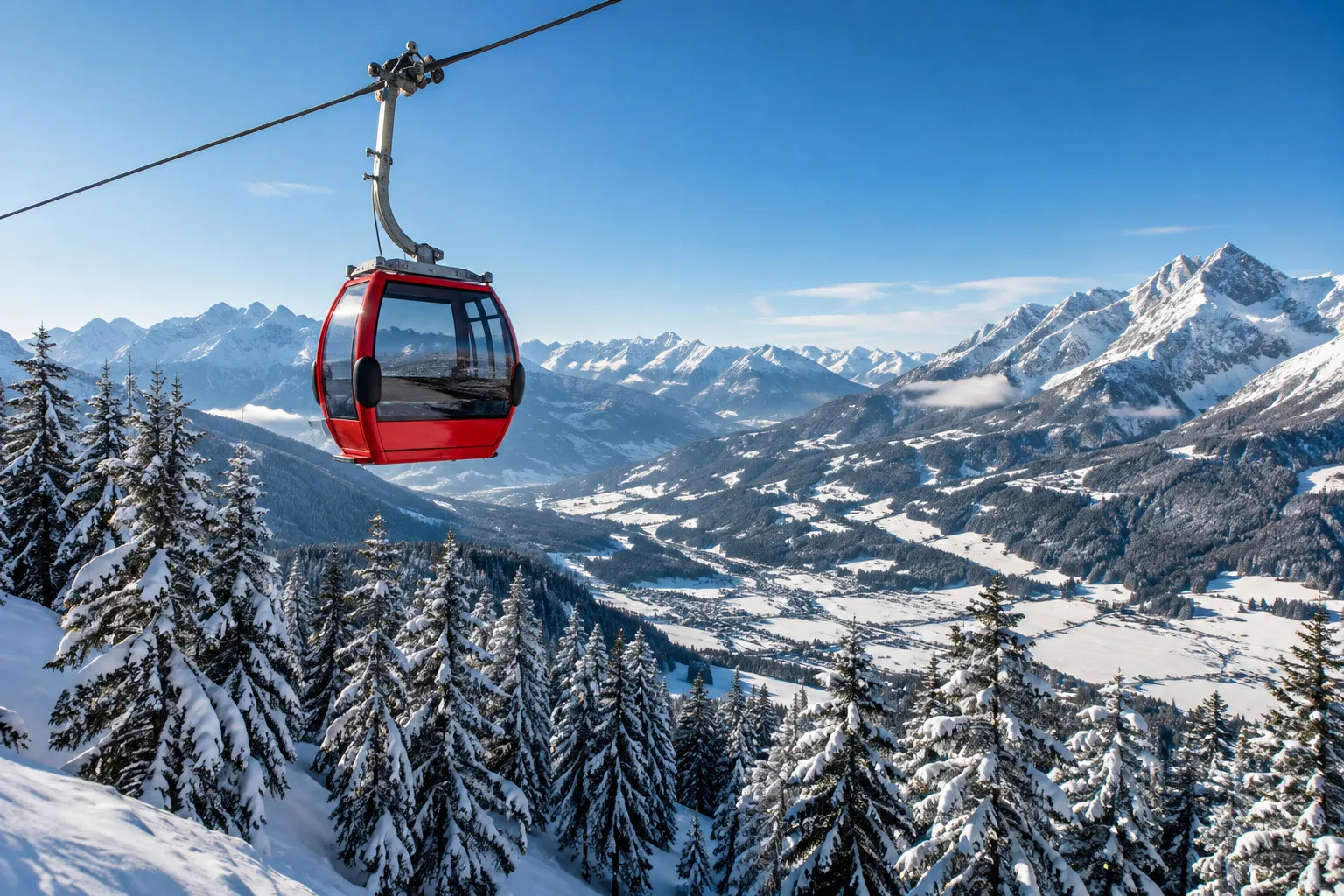 A red cable car above snow-covered Alpine mountains.