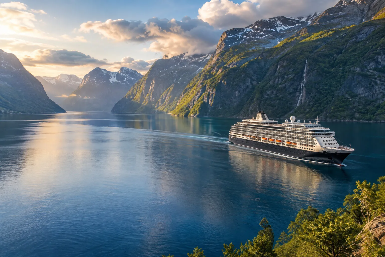 A cruise ship sailing through a mountain-lined Norwegian fjord.