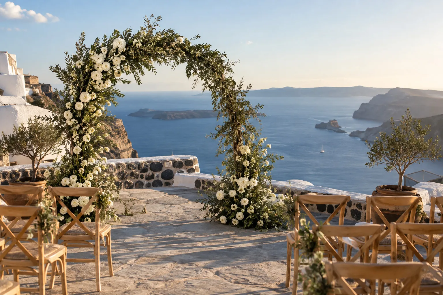 A flower-dressed wedding arch on a terrace overlooking the sea.
