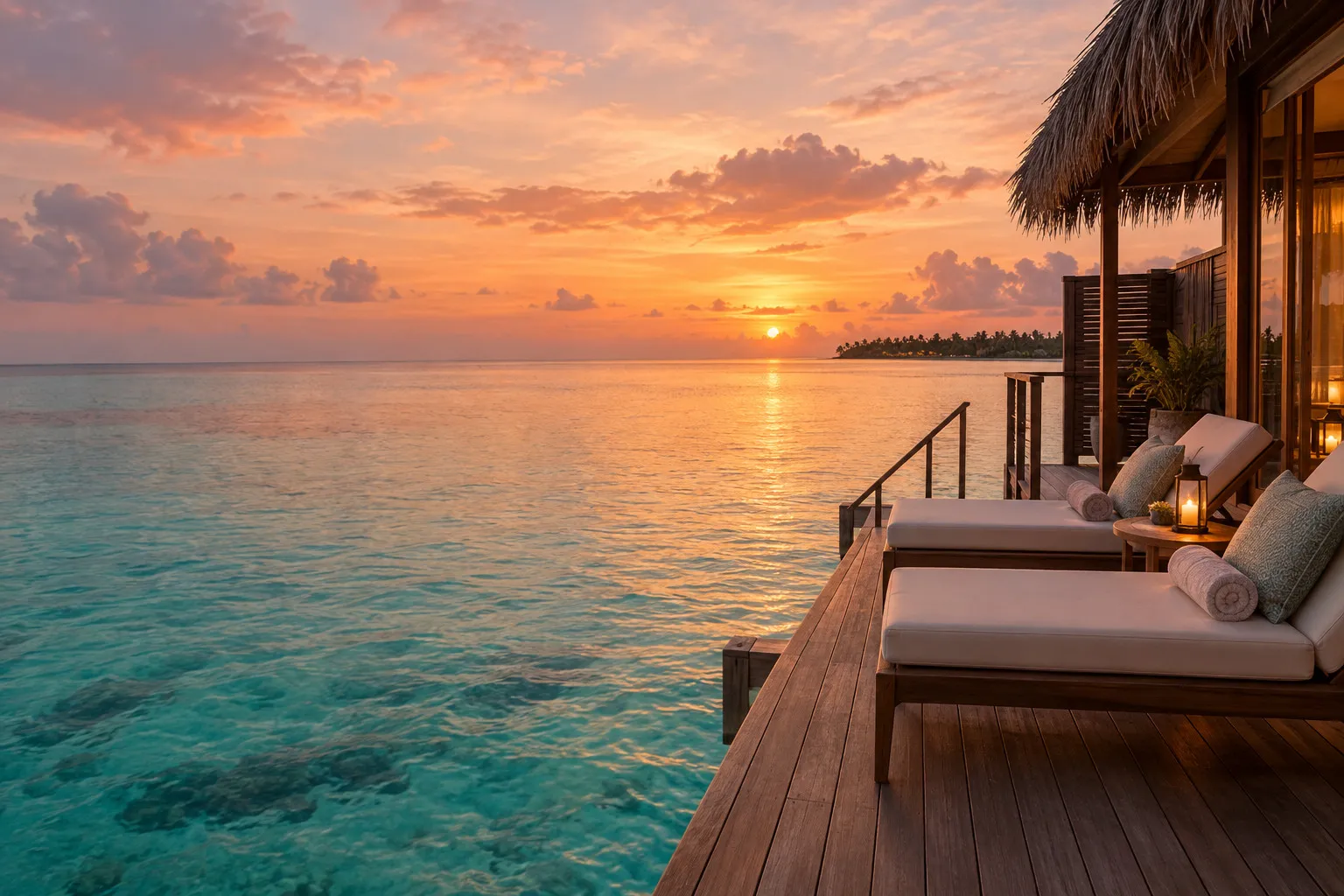 Two loungers on a private overwater deck at sunset.