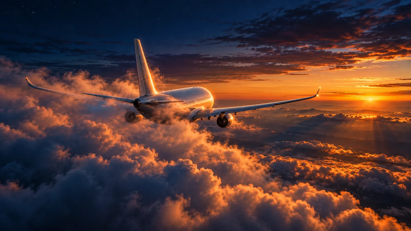 A jetliner flying above the clouds beneath a colourful dusk sky.