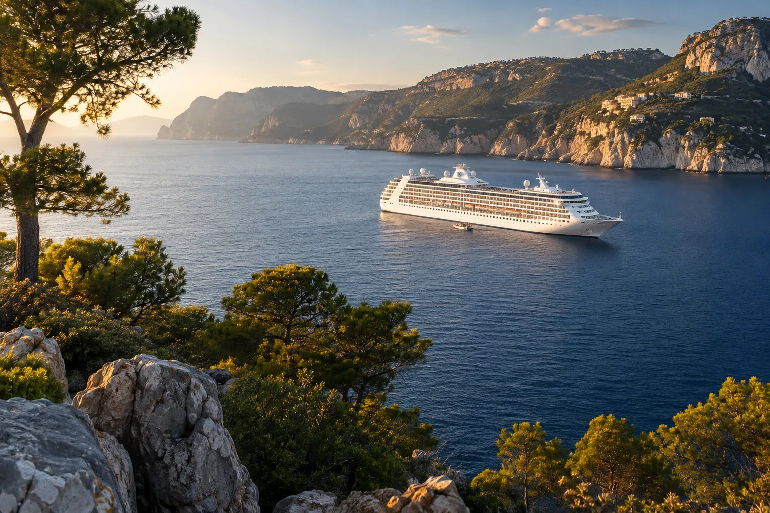 A cruise ship at anchor in a sunlit Mediterranean bay.