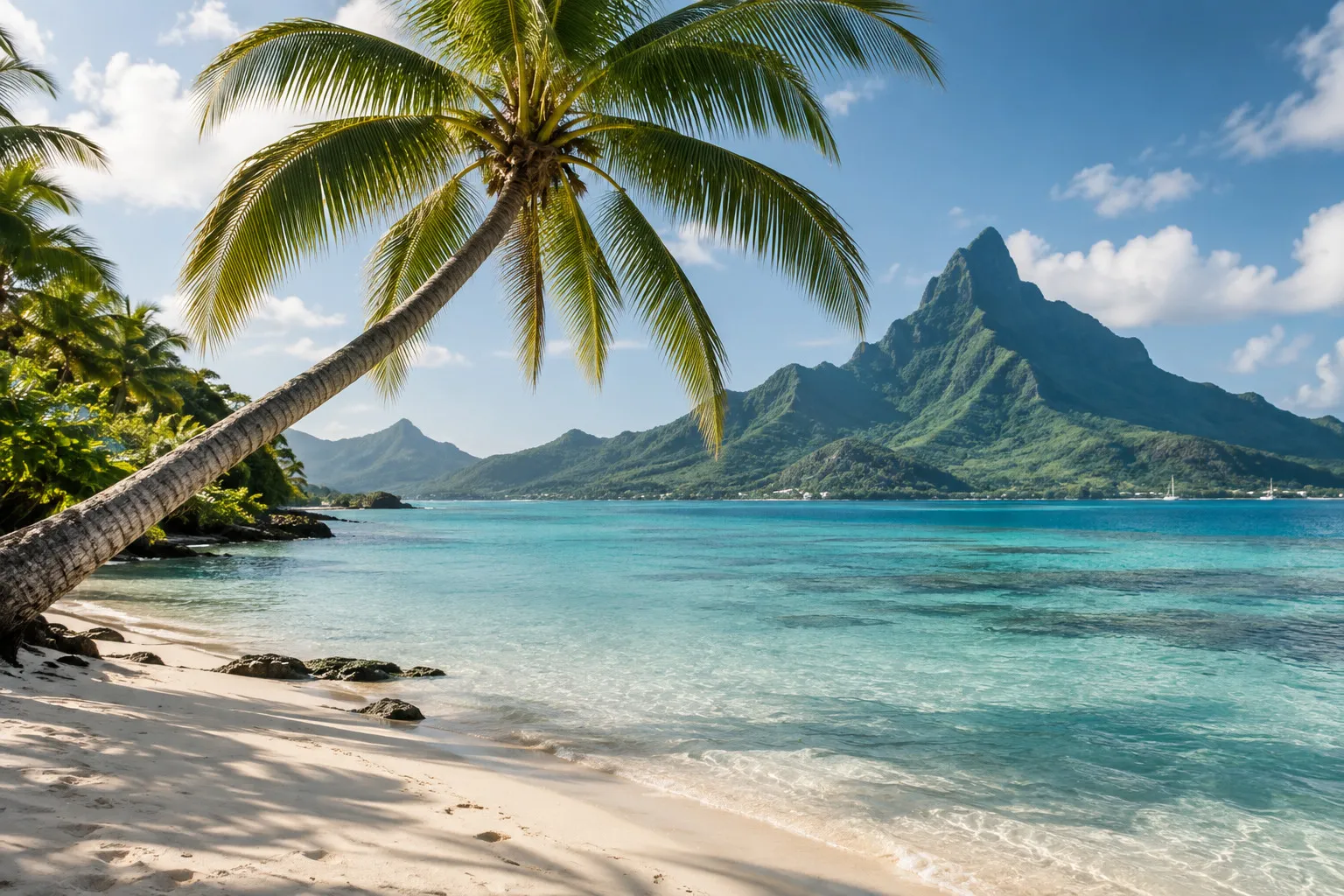 Palms beside a turquoise lagoon and a green volcanic island.