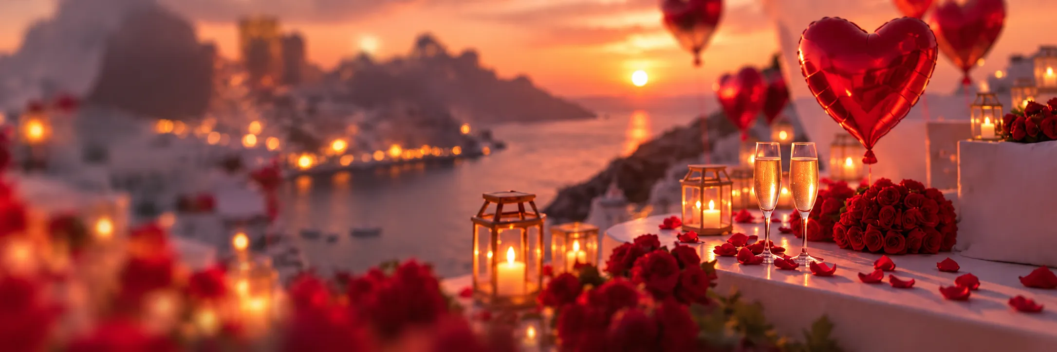 Roses, champagne and lanterns beside a warm coastal sunset.