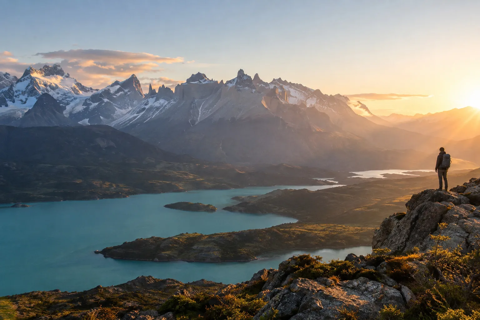 A traveller looking across a glacial lake towards Patagonian peaks.