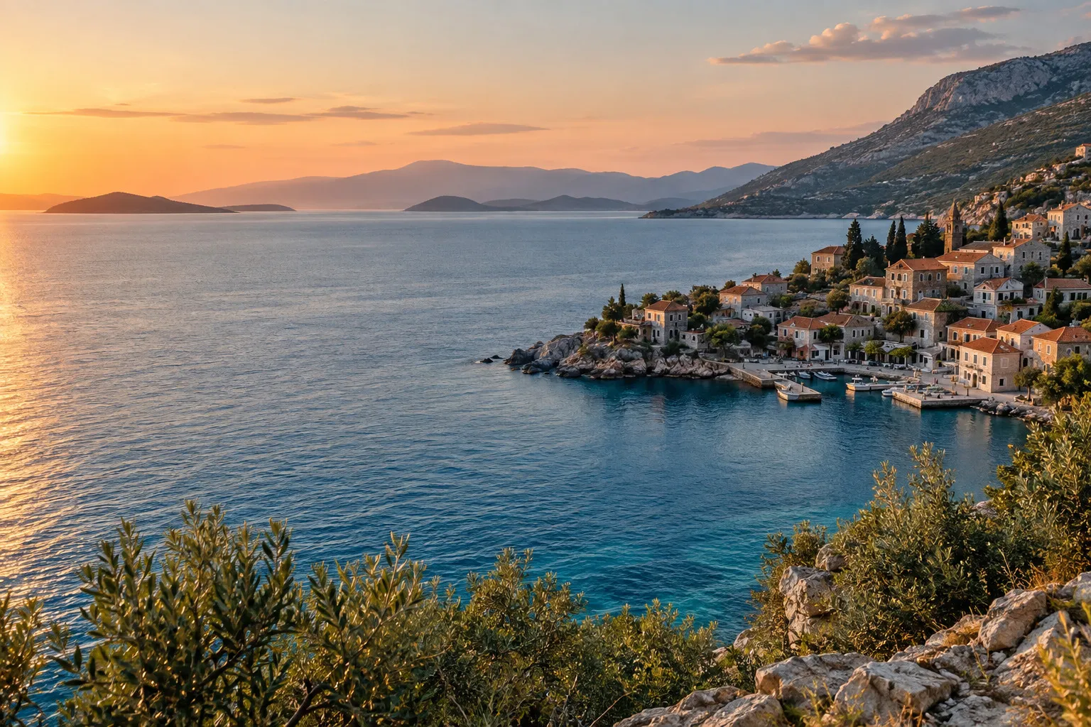 Sunset over a Mediterranean bay and a whitewashed coastal village.
