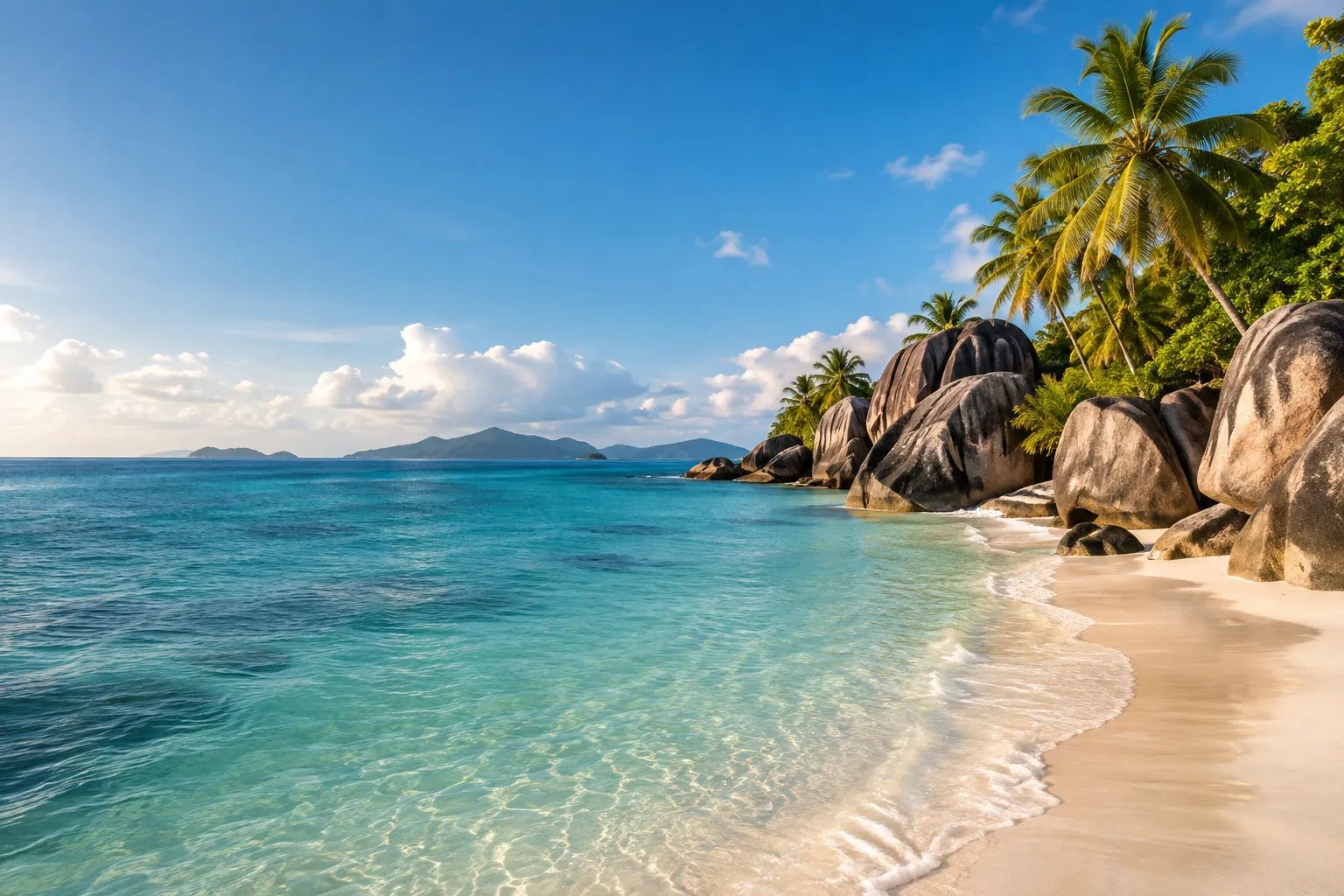 Granite boulders and palms above a secluded white sand beach.