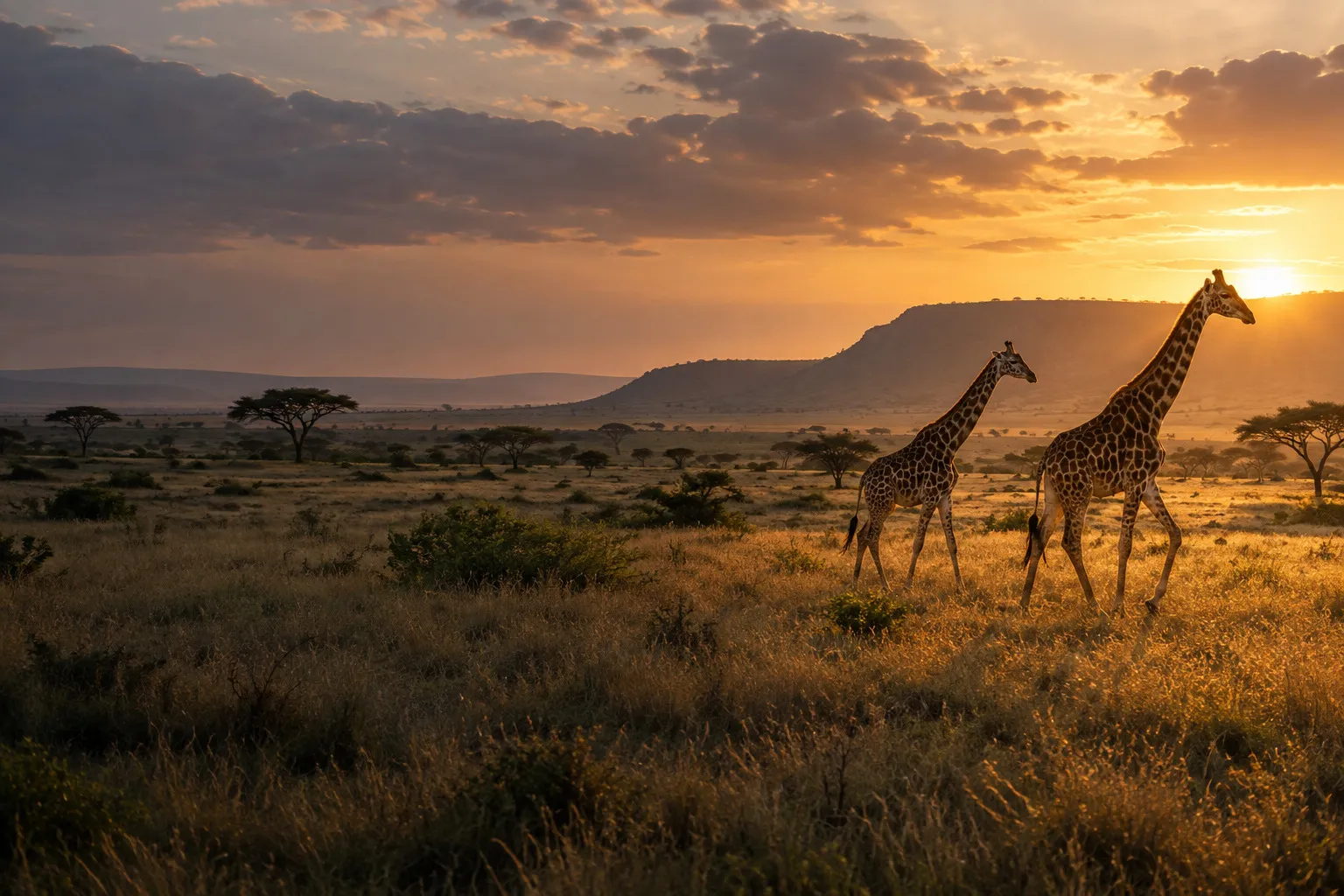 Two giraffes walking across African savannah at sunset.
