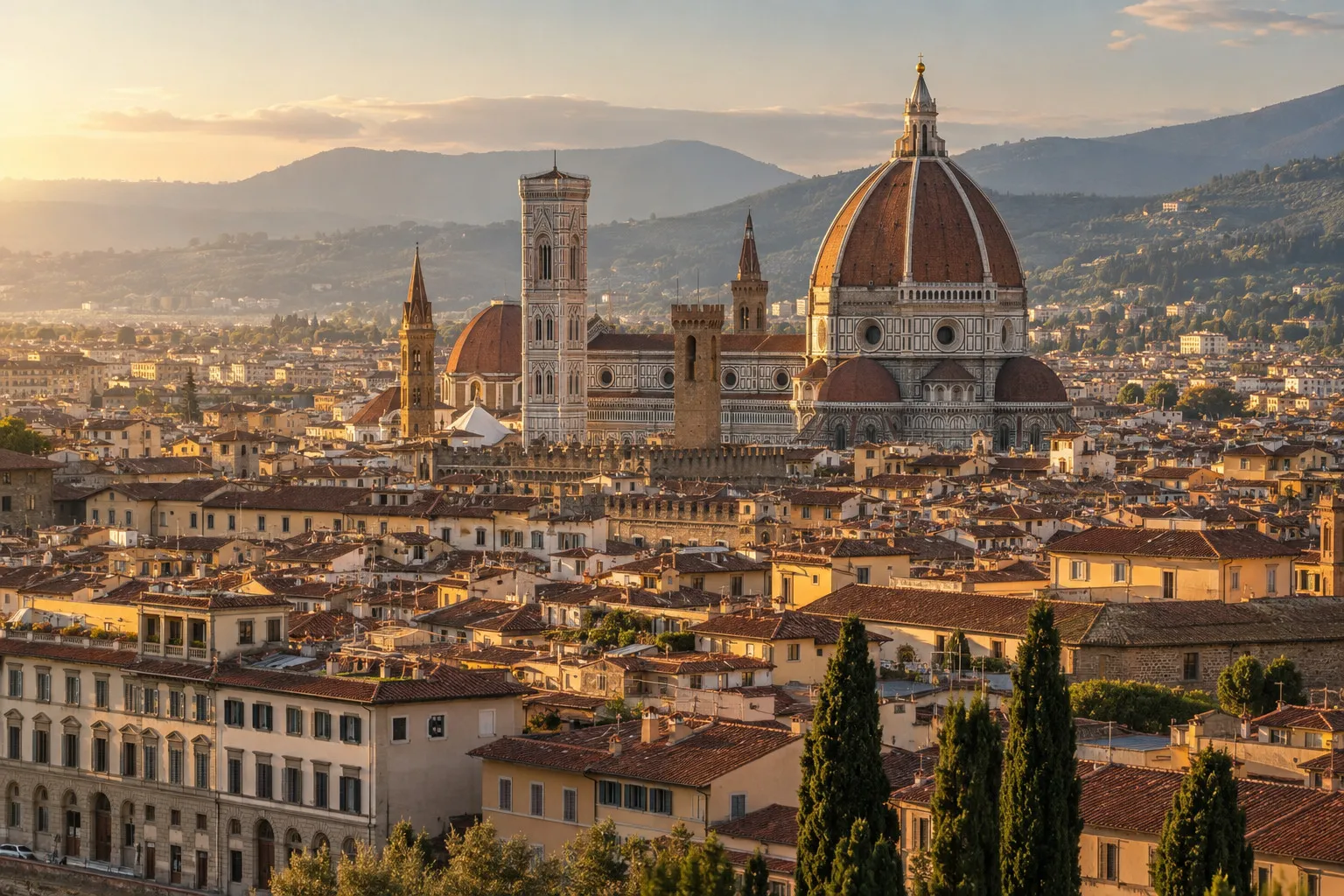 Terracotta rooftops and Florence’s cathedral in warm afternoon light.