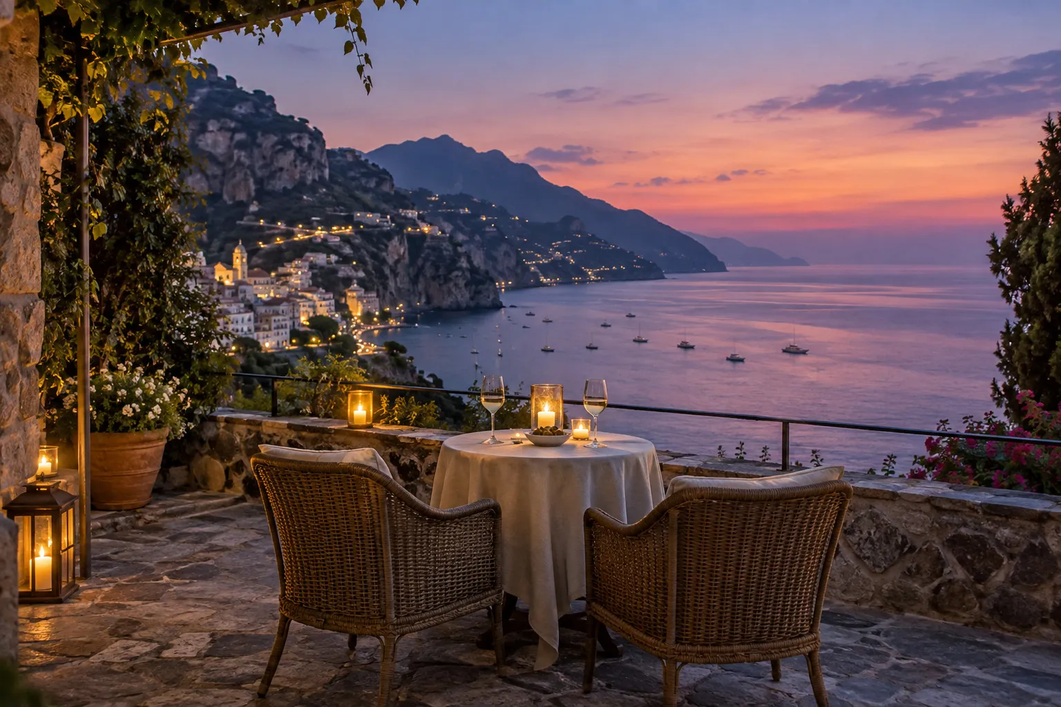 A candlelit terrace for two overlooking the coast at dusk.